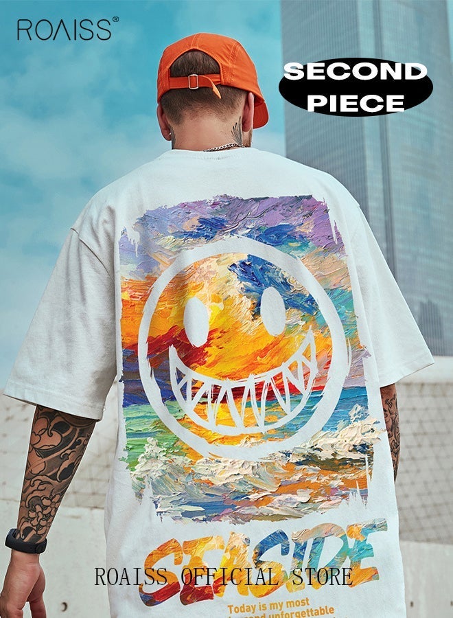 رويس تيشيرت رجالي فضفاض مطبوع من قطعتين، بياقة دائرية وأكتاف منسدلة وأكمام بطول الكوع، مصنوع من قماش بوليستر يسمح بالتهوية، ملابس رياضية عصرية مزينة بحروف وأرقام، قطعة أساسية متعددة الاستخدامات لفصل الصيف. - Image 3